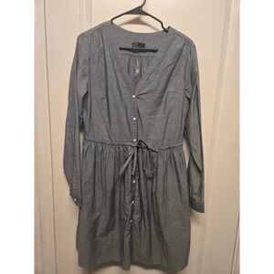 Gap Women Blue Chambray Button Front Drawstring Waist Long Sleeve Dress
